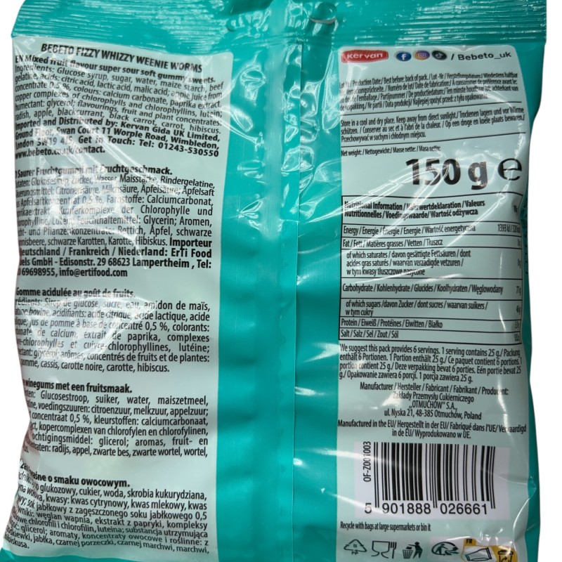 Bebeto Fizzy Weenie Worms Halal 150g